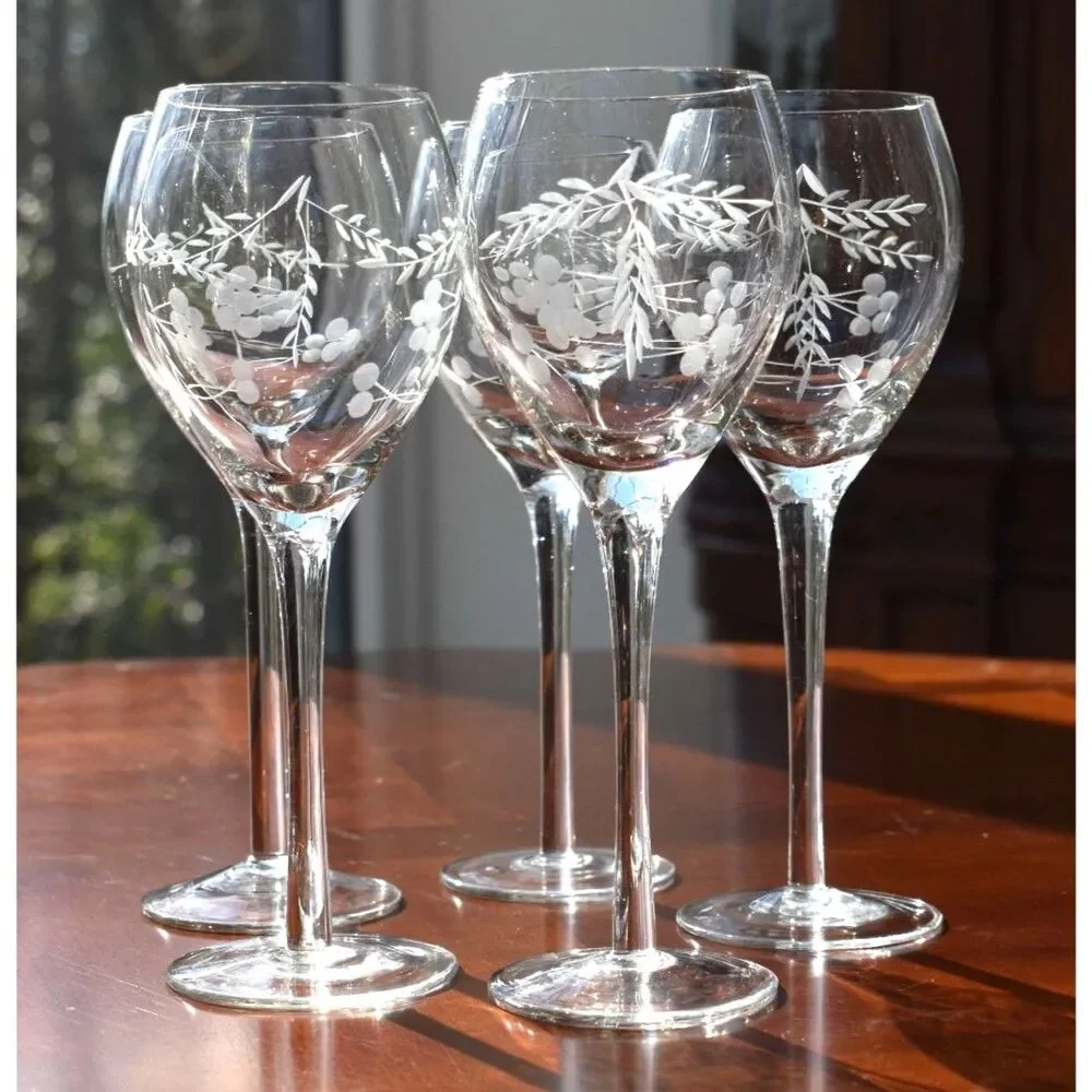 Set of 5 Vintage Etched Grape Wine Stem Glasses – Elegant Drinkware Design